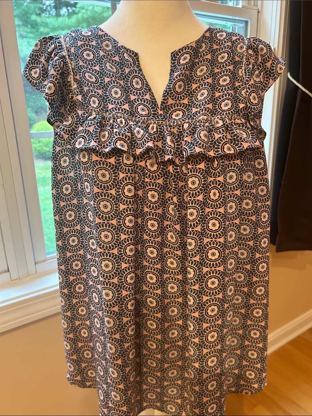 Women's Pink and Navy Printed Ruffle Top